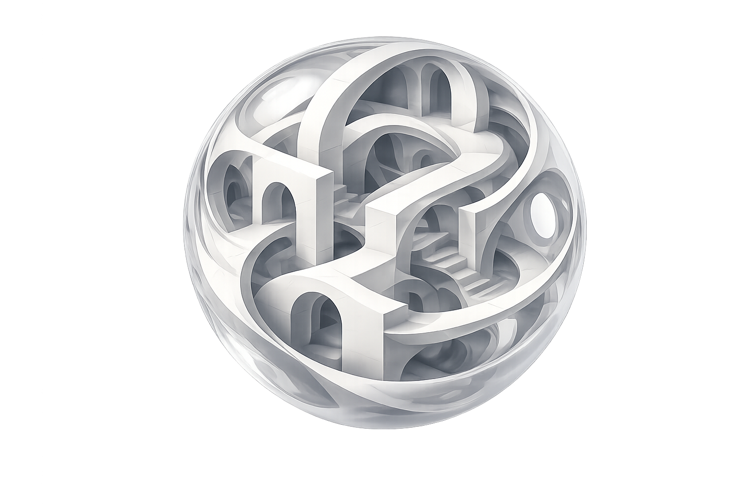 Glossy translucent sphere containing a white architectural labyrinth, floating above a soft shadow.
